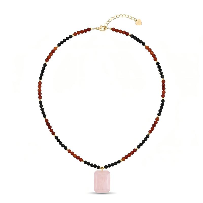 Rose Quartz Pendant Necklace | Adjustable Natural Black Onyx Red Agate Beaded