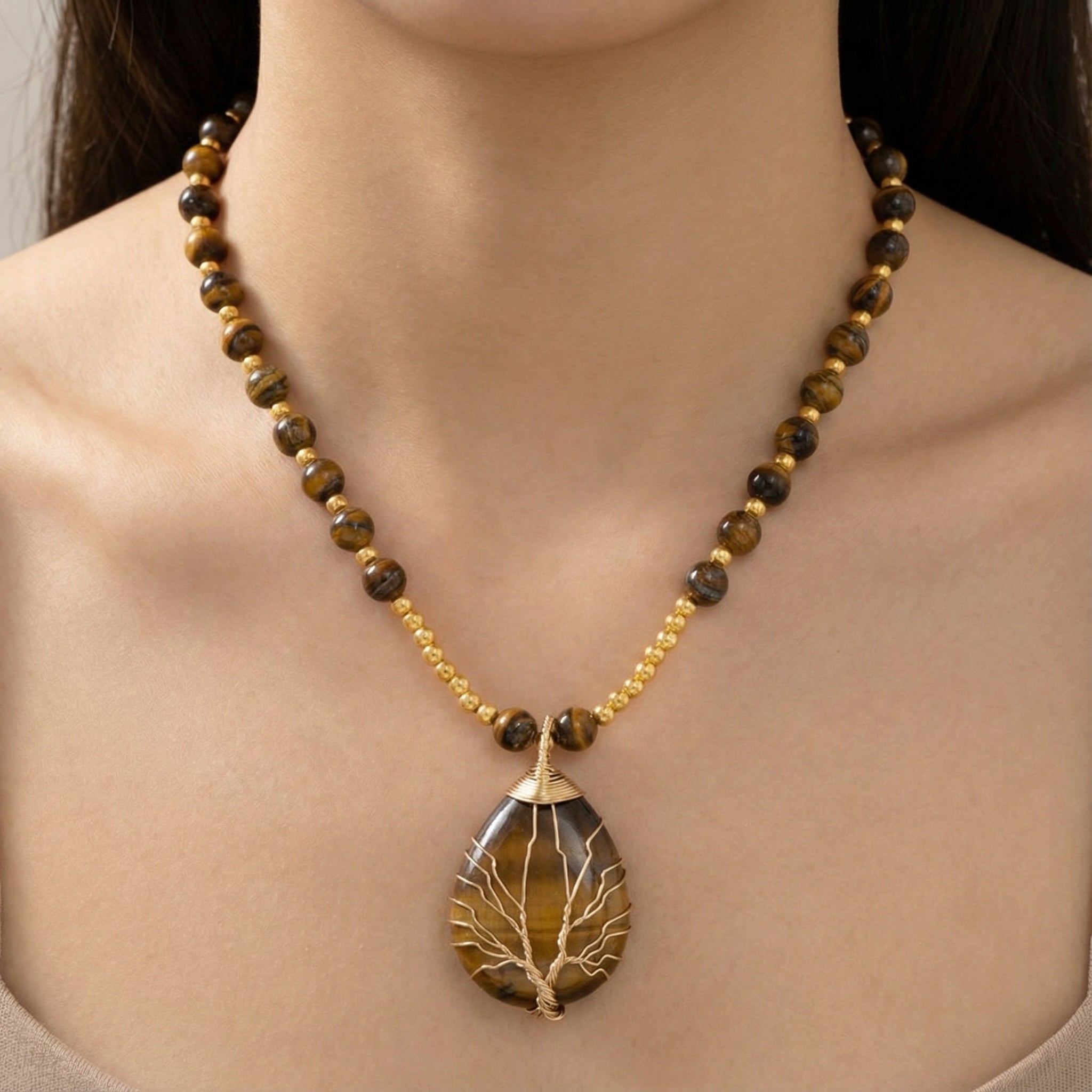 Natural Tiger's Eye 14K Gold Meditation Necklace