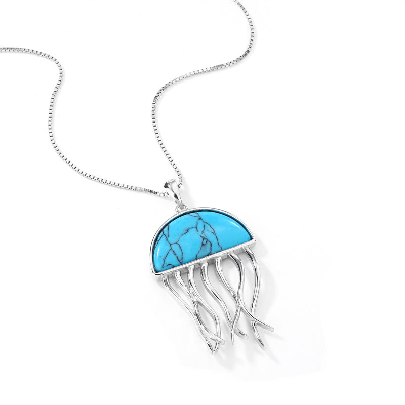 Natural Turquoise 925 Sterling Silver Jellyfish Pendant Necklace