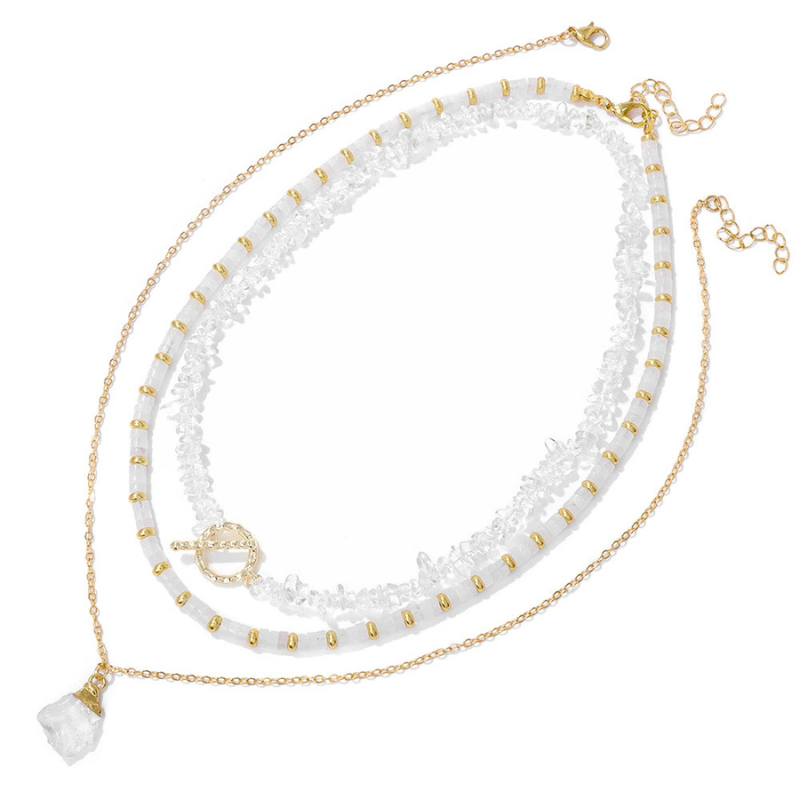 Natural White Crystal 14K Gold Layered Meditation Necklace